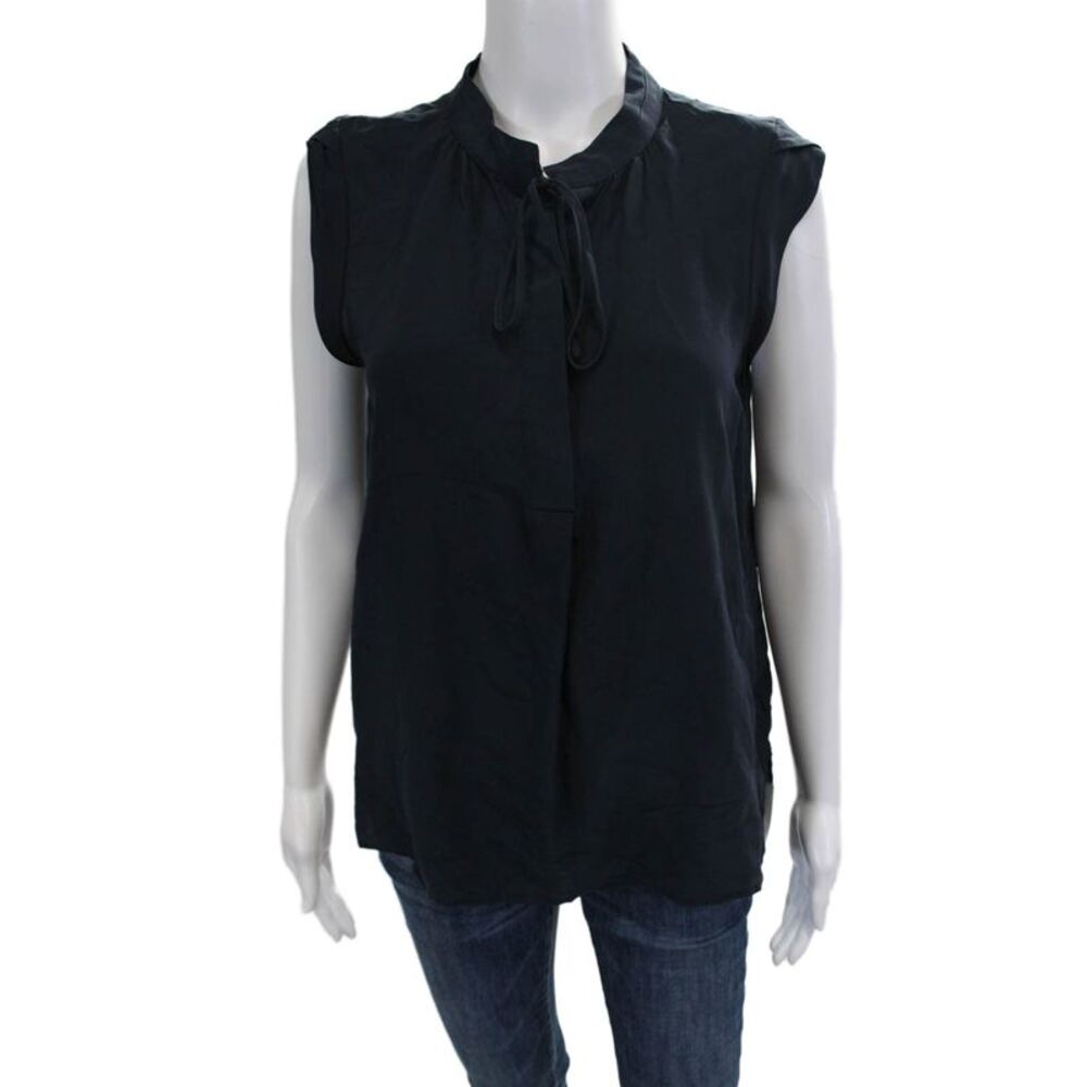Joe Fresh Women Petites Silk High Neck Tie Blouse Dark Blue Sleeveless Size S